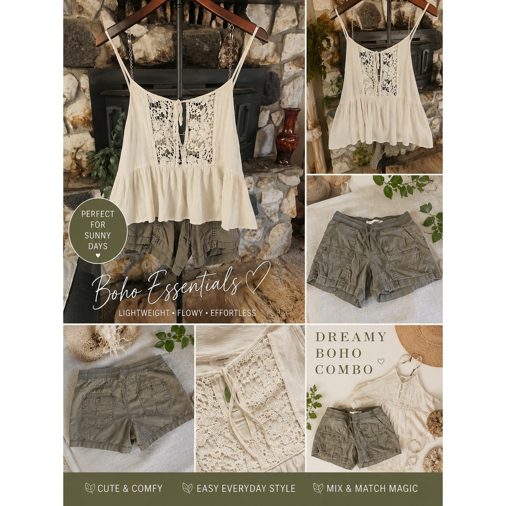 Boho Summer Outfit Bundle Crochet Lace Top & Sage Cargo Shorts